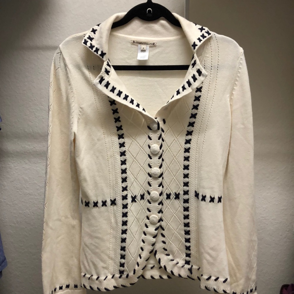 Nanette Lepore Cream Navy Sweater Cardigan Medium
